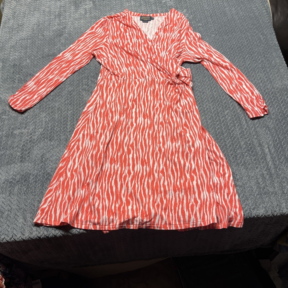 Pendelton Woman's L Petite Breezeway Faux Wrap Dress Soft Stretch‎ Orange White